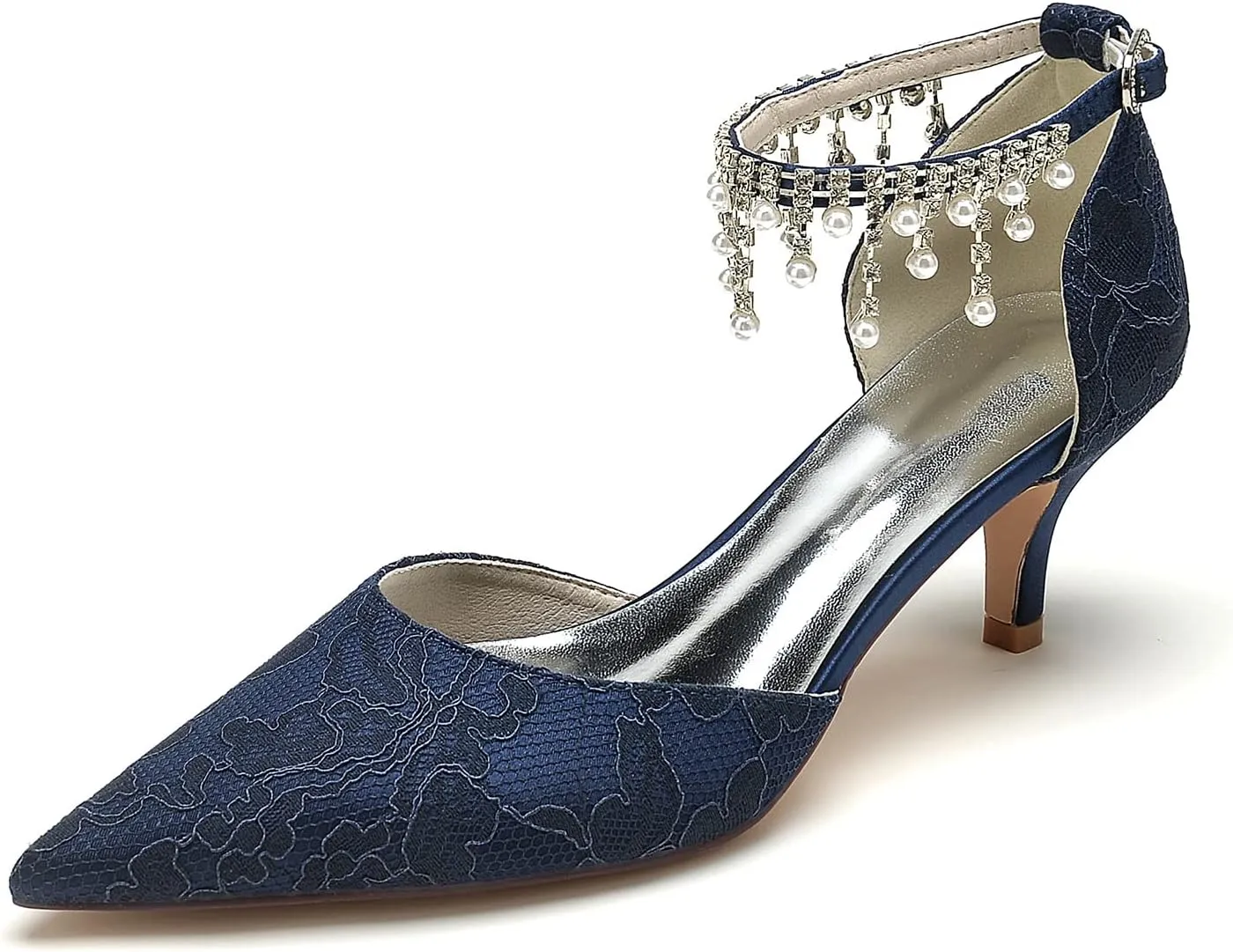 Hyinlays Women's Closed Toe Pumps Wedding Low Heel with Pearls Lace Ankle Strap Kitten Heels Pointed Toe Prom Evening Party Dress Shoes for Bride