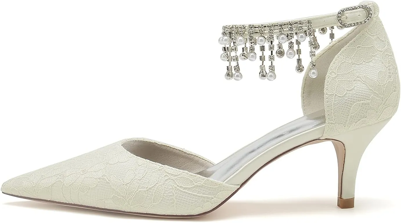 Hyinlays Women's Closed Toe Pumps Wedding Low Heel with Pearls Lace Ankle Strap Kitten Heels Pointed Toe Prom Evening Party Dress Shoes for Bride