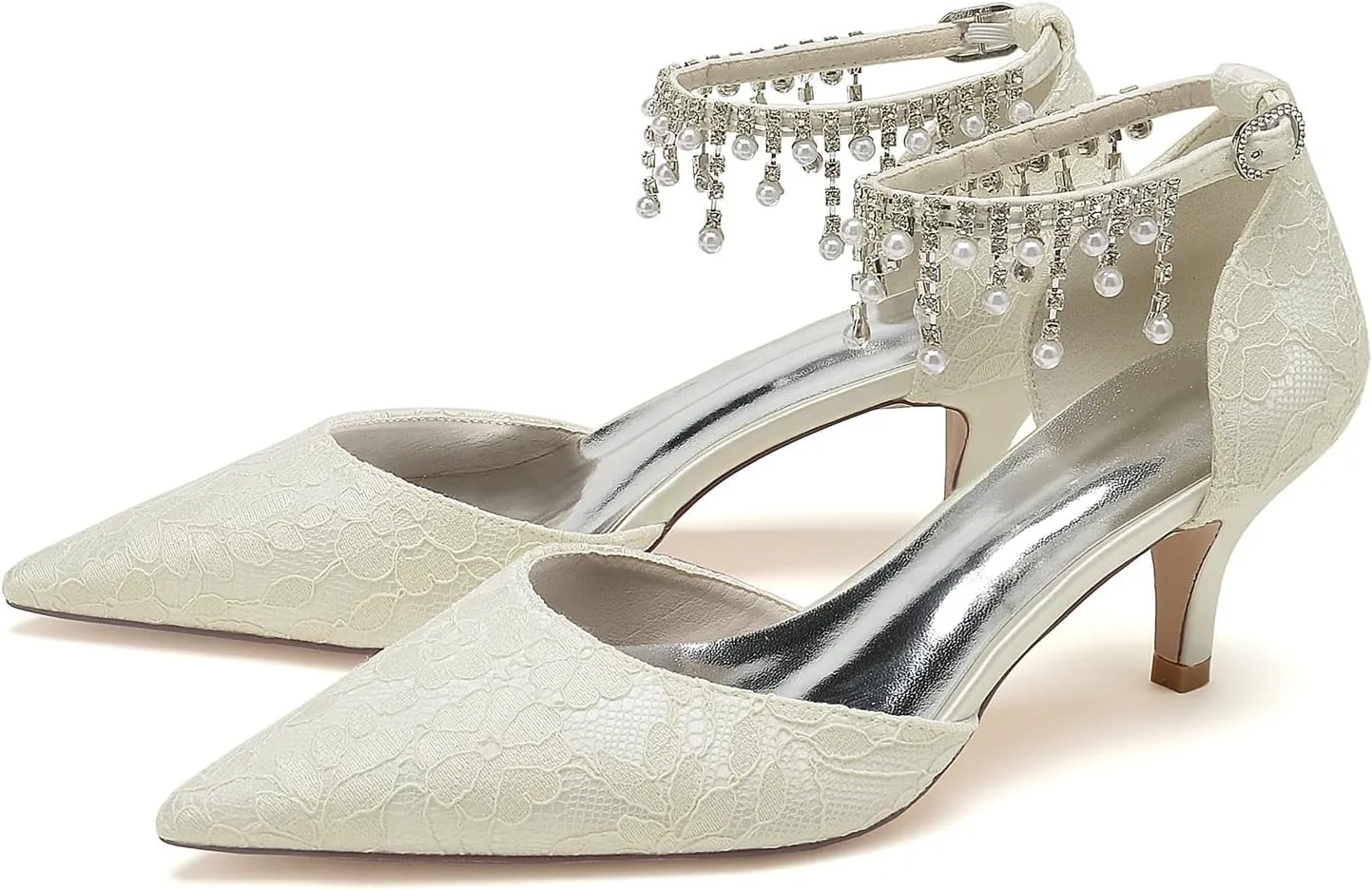 Hyinlays Women's Closed Toe Pumps Wedding Low Heel with Pearls Lace Ankle Strap Kitten Heels Pointed Toe Prom Evening Party Dress Shoes for Bride