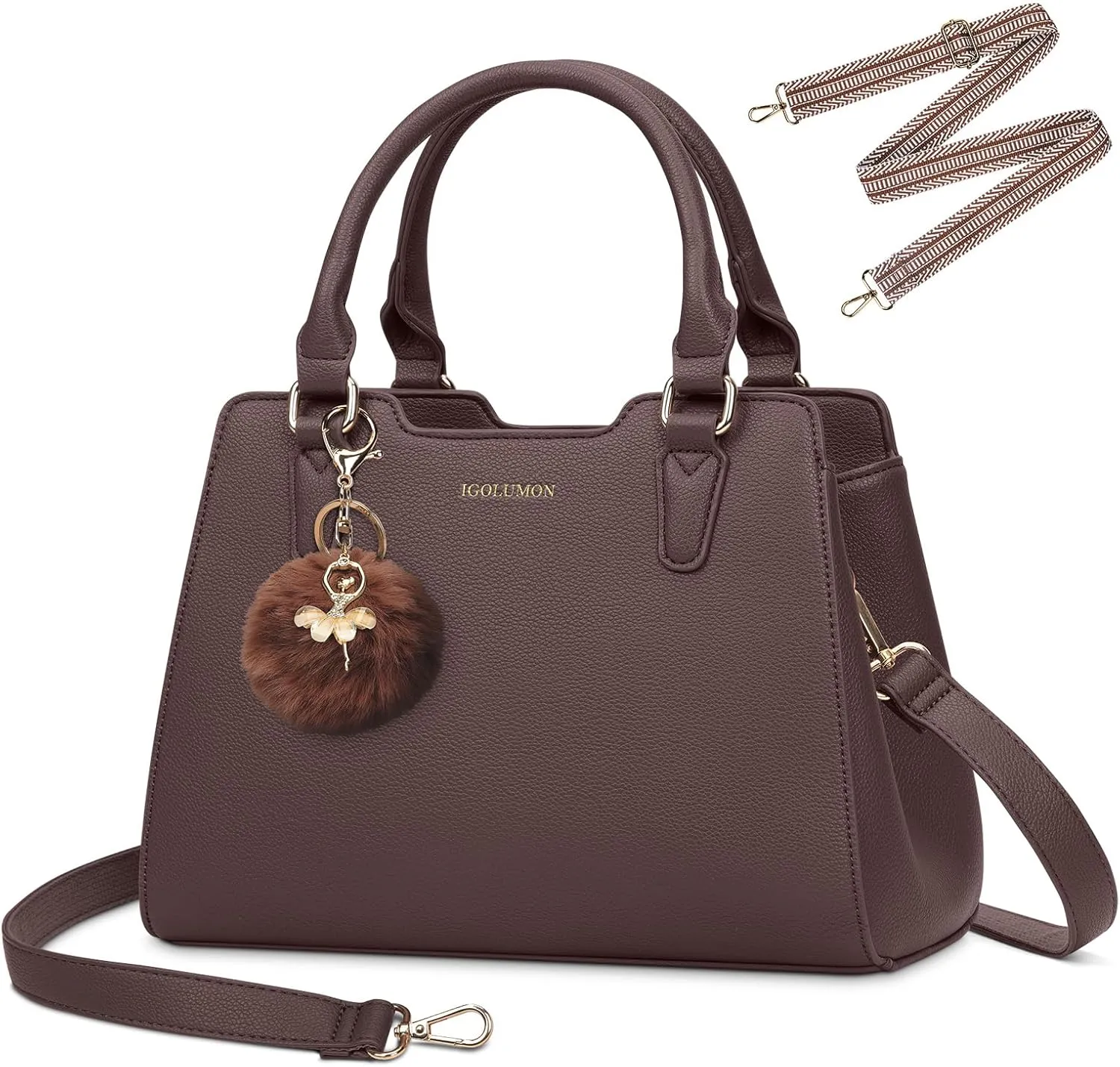 IGOLUMON Women's Top-Handle Handbags PU Vegan Leather Satchel Purses for Women Designer Tote Purse Handbag with Cute Pompom