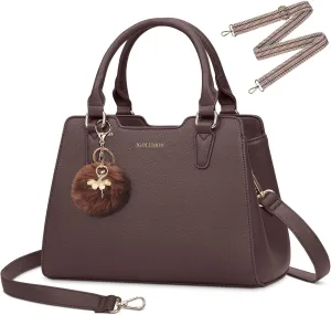 IGOLUMON Women's Top-Handle Handbags PU Vegan Leather Satchel Purses for Women Designer Tote Purse Handbag with Cute Pompom