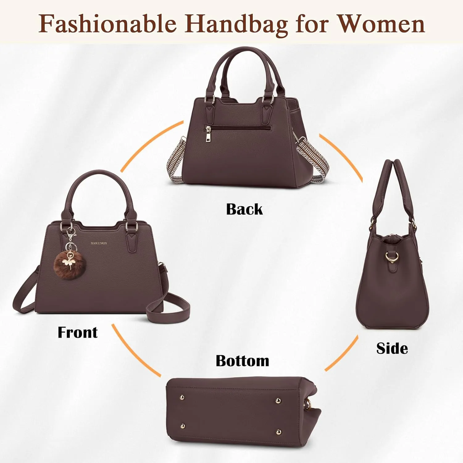 IGOLUMON Women's Top-Handle Handbags PU Vegan Leather Satchel Purses for Women Designer Tote Purse Handbag with Cute Pompom