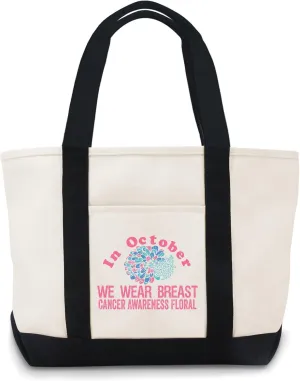 In October Wes Wear Breast Cancer Awareness Floral canvas tote bag funny canvas tote bags Lightweight Reusable Grocery Shopping Cloth Bags