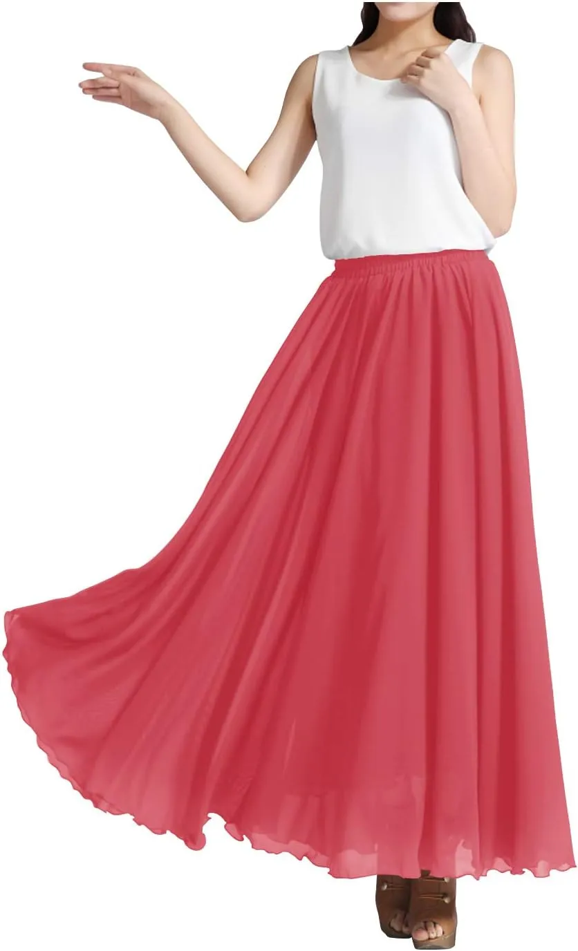 Indian Trendy Womens Chiffon Full Length Elastic Waist Retro Long High Maxi Skirt Summer Beach Vintage Dress Big Hem 360
