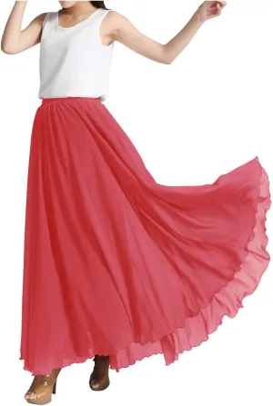 Indian Trendy Womens Chiffon Full Length Elastic Waist Retro Long High Maxi Skirt Summer Beach Vintage Dress Big Hem 360