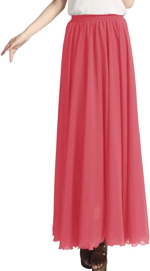 Indian Trendy Womens Chiffon Full Length Elastic Waist Retro Long High Maxi Skirt Summer Beach Vintage Dress Big Hem 360