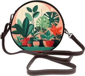 Indoor Potted Green Plants Removable Shoulder Strap Waterproof Leather Shoulder Round Bag Crossbody Bag Travel Shopping Dating Handbag Purse