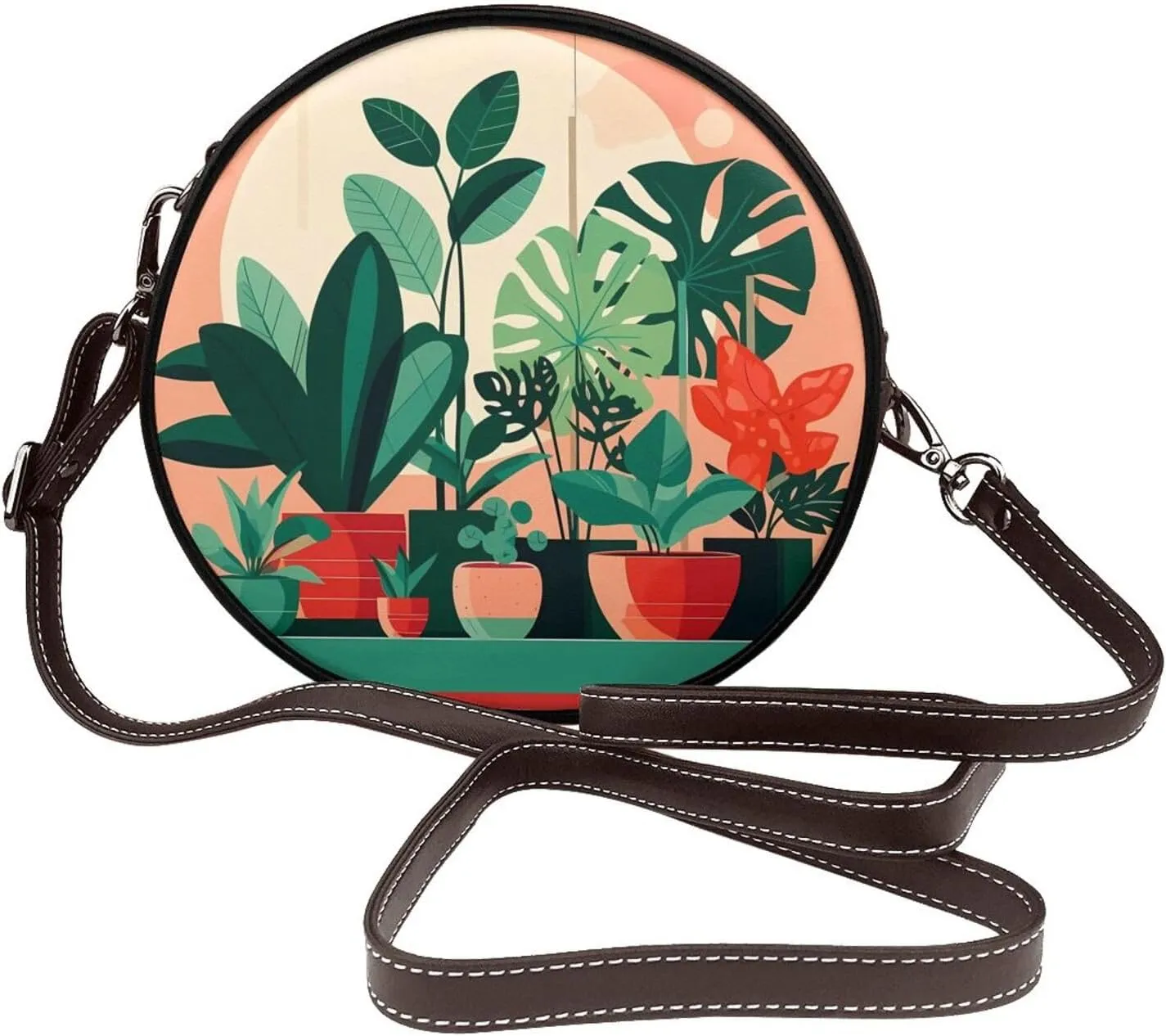 Indoor Potted Green Plants Removable Shoulder Strap Waterproof Leather Shoulder Round Bag Crossbody Bag Travel Shopping Dating Handbag Purse