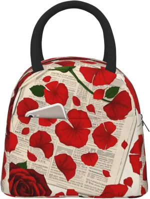 Insulated Lunch Bag for Men Women, Reusable Large Capacity Lunch Box, Leakproof Thermal Meal Cooler Shopping Grocery Tote Bag Handbags for Office Work Picnic, Rose Flowers Vintage Newspaper