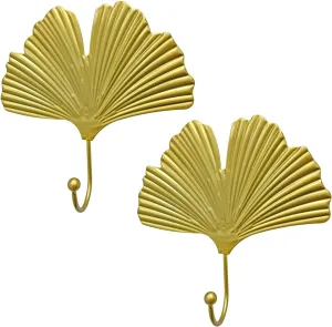 Iron Single Hooks Modern Leaf Decoration Style for Room Wall Mounted Decoration, Coats, Hats, Handbags Scarves Hanging, Home Decor 2pcs (6in Gold)
