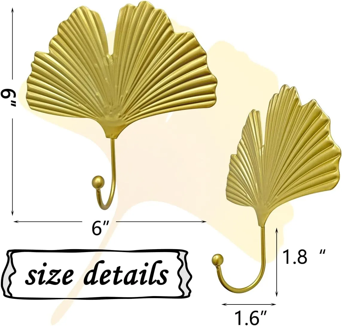 Iron Single Hooks Modern Leaf Decoration Style for Room Wall Mounted Decoration, Coats, Hats, Handbags Scarves Hanging, Home Decor 2pcs (6in Gold)