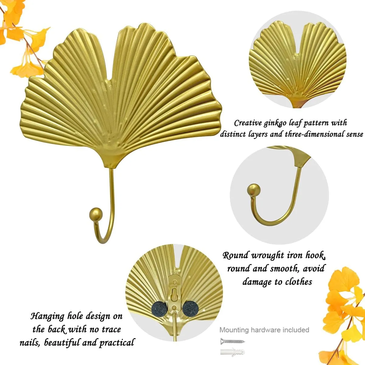 Iron Single Hooks Modern Leaf Decoration Style for Room Wall Mounted Decoration, Coats, Hats, Handbags Scarves Hanging, Home Decor 2pcs (6in Gold)