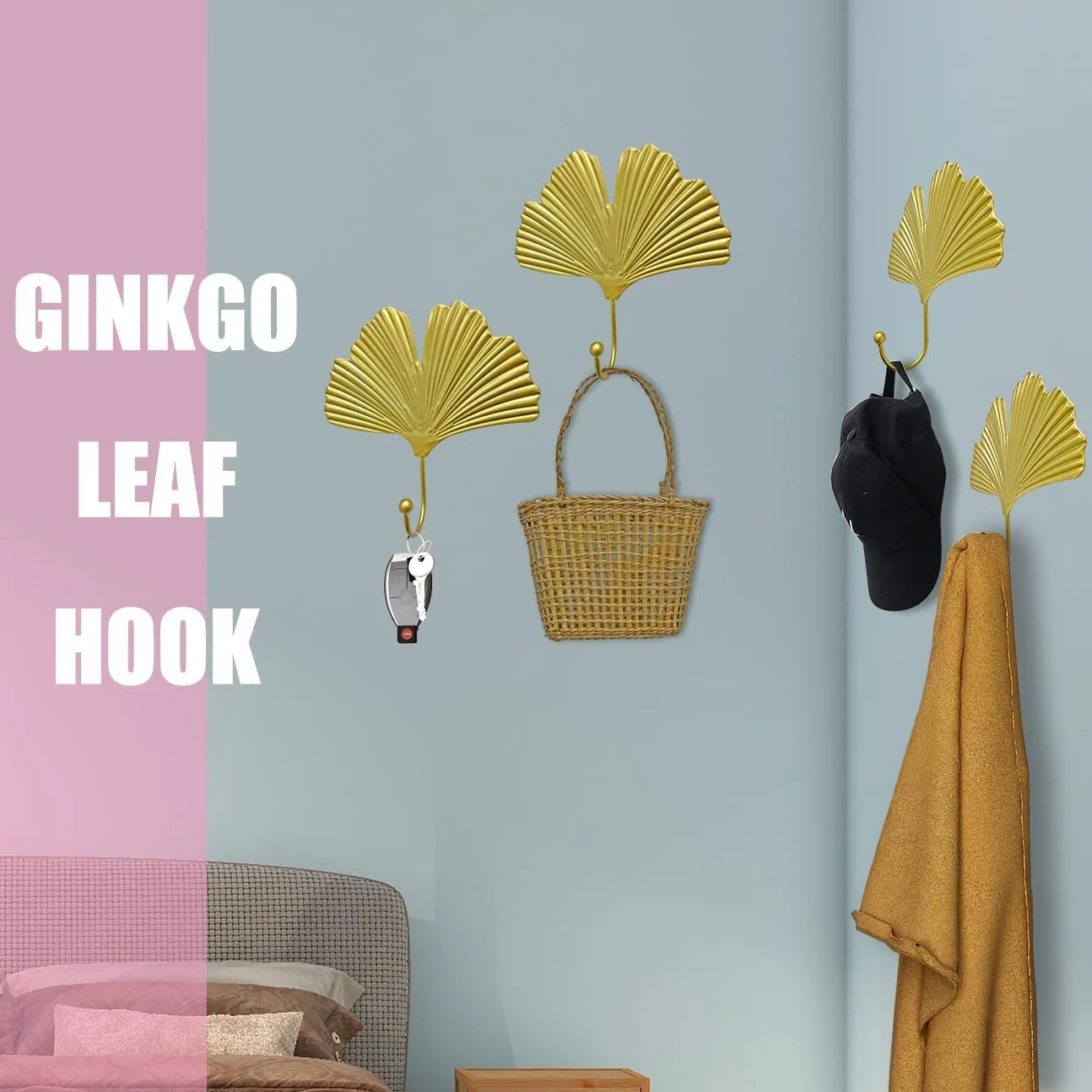 Iron Single Hooks Modern Leaf Decoration Style for Room Wall Mounted Decoration, Coats, Hats, Handbags Scarves Hanging, Home Decor 2pcs (6in Gold)