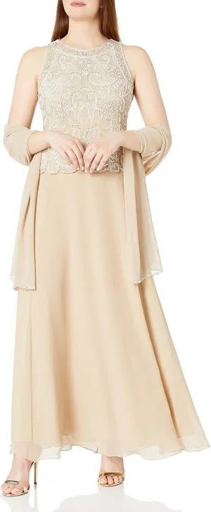 J Kara Women's Sleeveless Scallop Long Beaded Dress W/Scarf