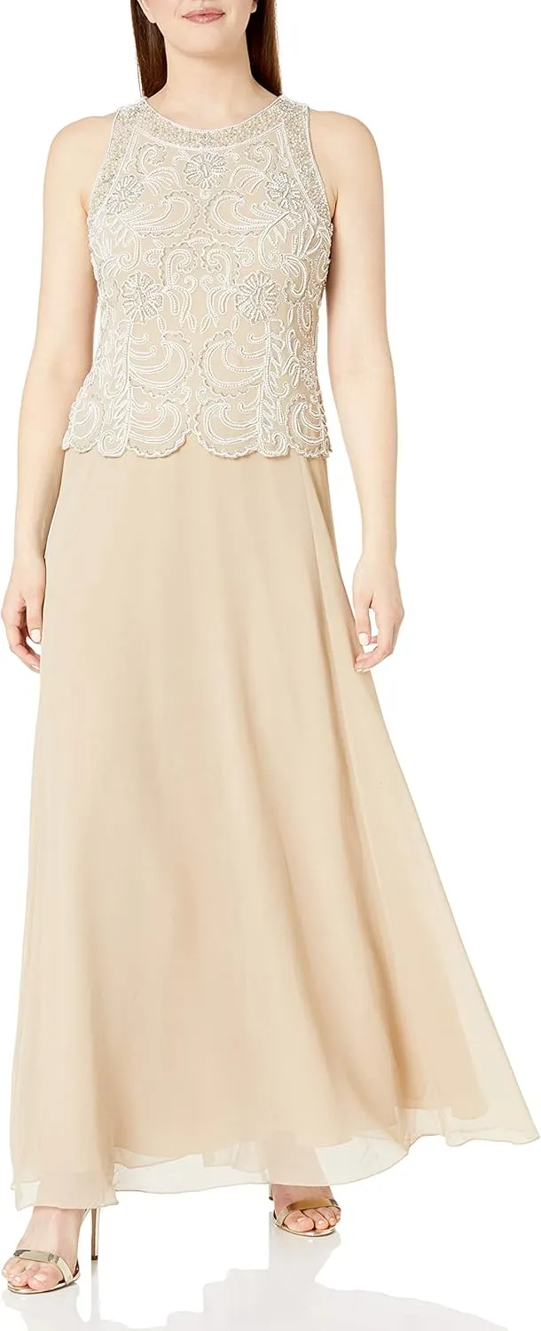 J Kara Women's Sleeveless Scallop Long Beaded Dress W/Scarf