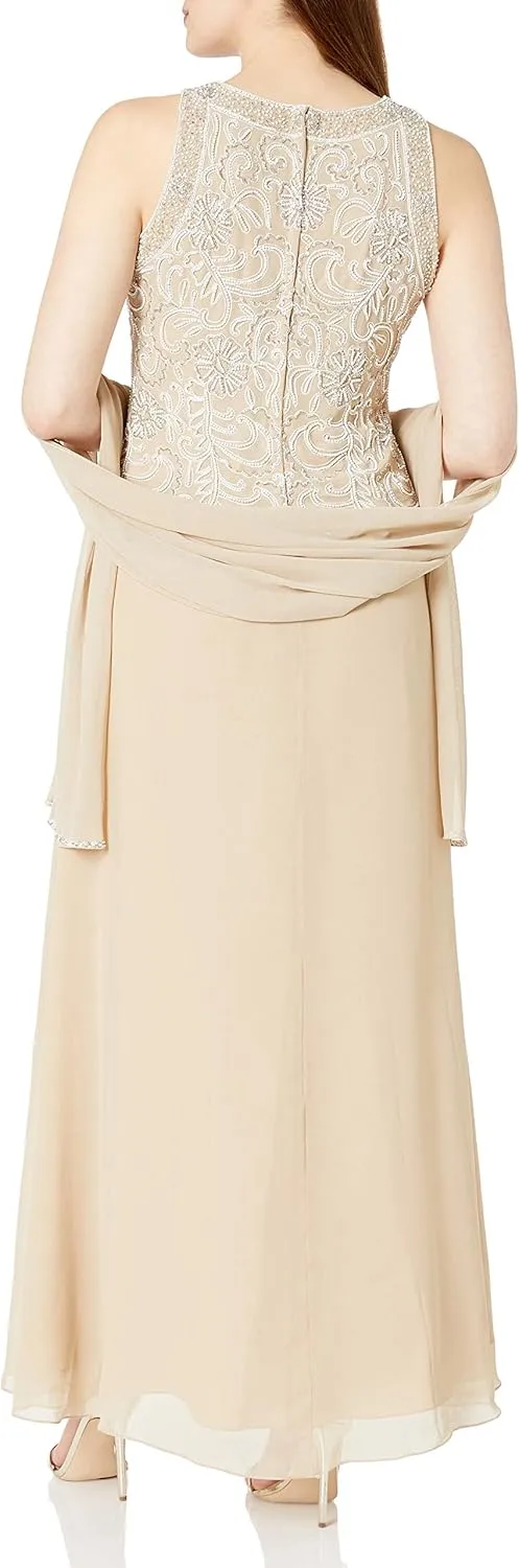 J Kara Women's Sleeveless Scallop Long Beaded Dress W/Scarf