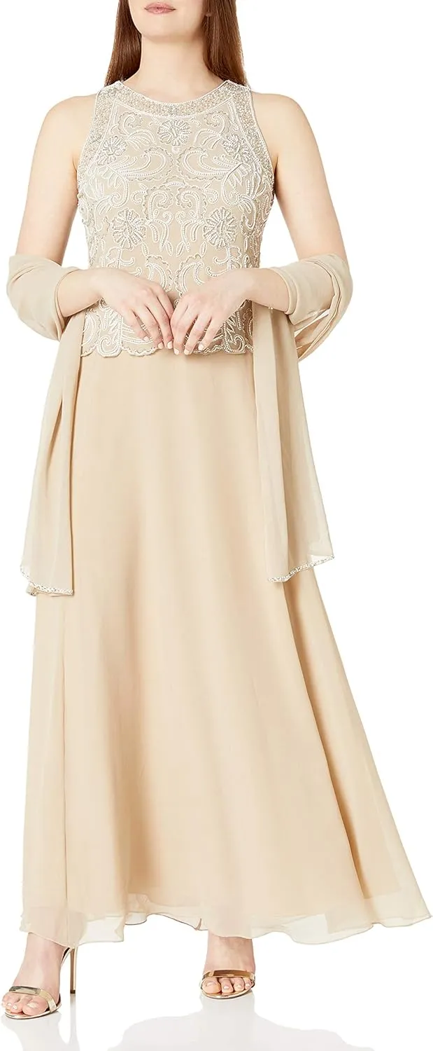 J Kara Women's Sleeveless Scallop Long Beaded Dress W/Scarf