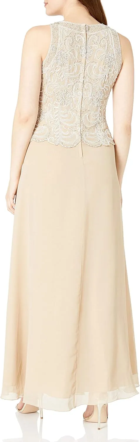 J Kara Women's Sleeveless Scallop Long Beaded Dress W/Scarf