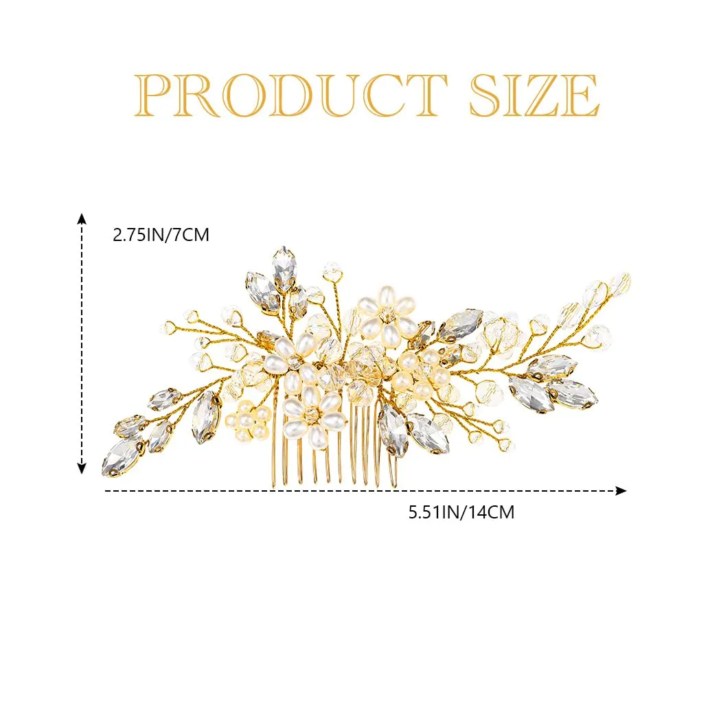 JAKAWIN Bride Wedding Hair Comb Pearl Flower Hair Piece Rhinestone Bridal Hair Accessories for Women HC034 (2-Gold)