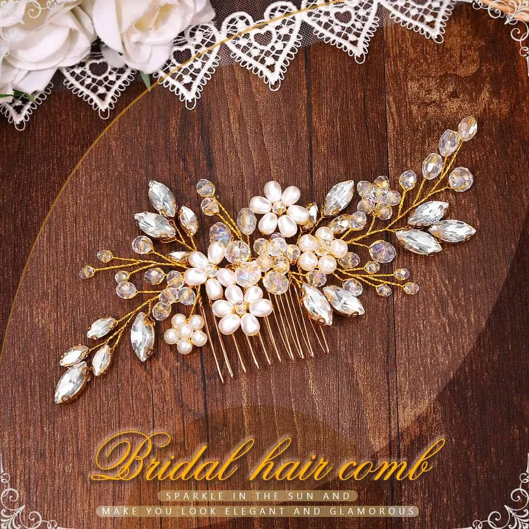 JAKAWIN Bride Wedding Hair Comb Pearl Flower Hair Piece Rhinestone Bridal Hair Accessories for Women HC034 (2-Gold)