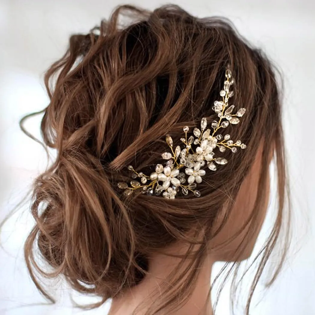 JAKAWIN Bride Wedding Hair Comb Pearl Flower Hair Piece Rhinestone Bridal Hair Accessories for Women HC034 (2-Gold)