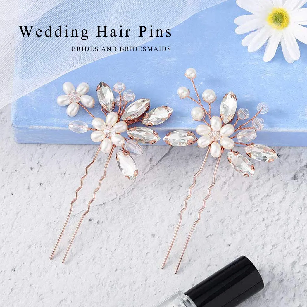 JAKAWIN Pearl Bride Wedding Hair Pins Bridal Hair Piece Accessories Decorative Hair Clips for Women HP065 (Rose Gold)
