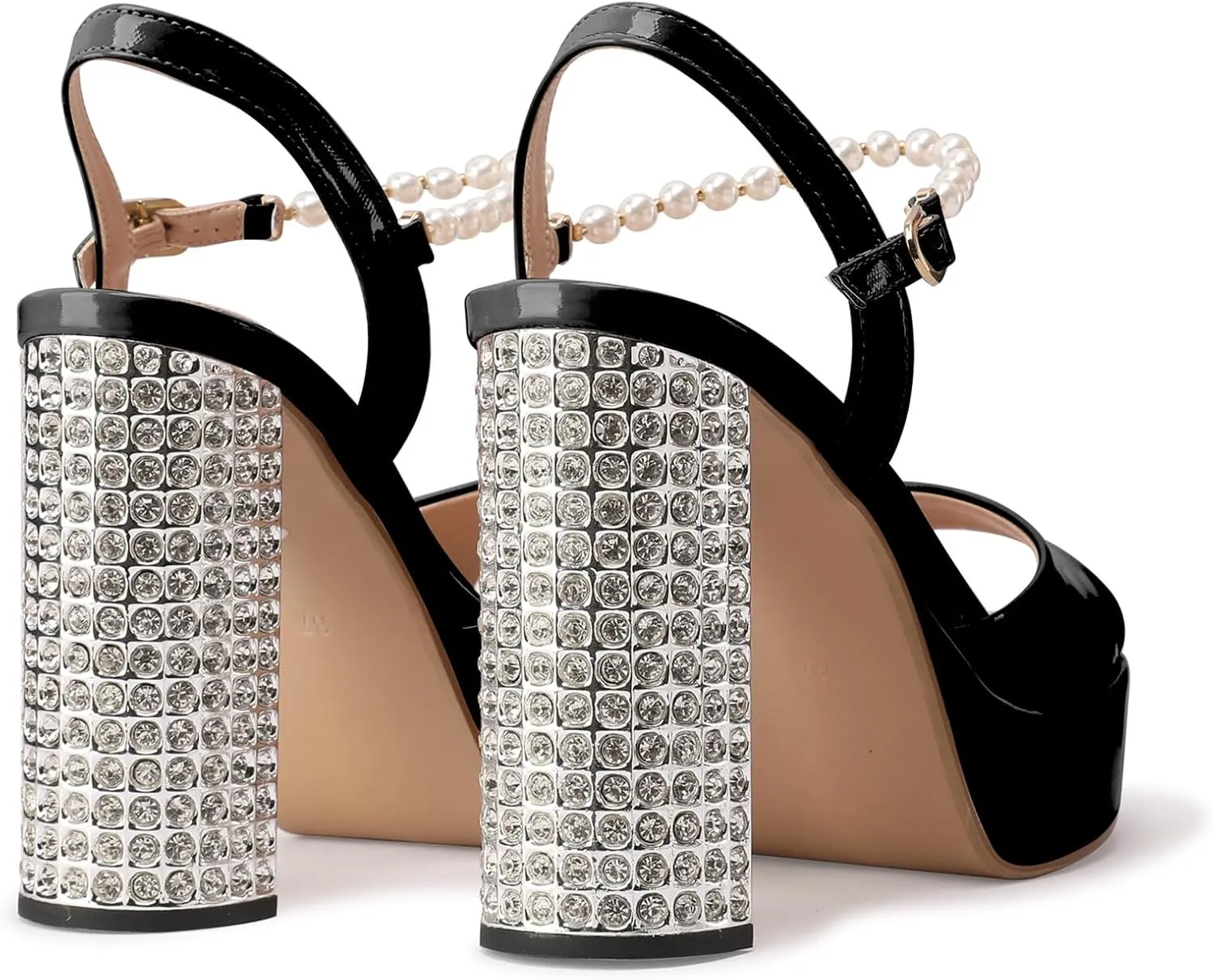 JANSEVEN Rhinestone Sandals Women Crystal Heels Platform Chunky Heel Ankle Strap Sparkling Sandals Peep Toe Sexy Dress Bridal Wedding Party Shoes