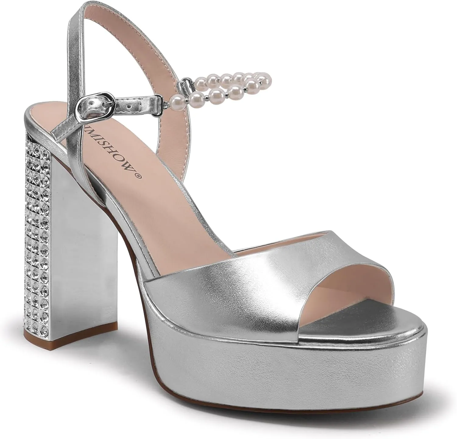 JANSEVEN Rhinestone Sandals Women Crystal Heels Platform Chunky Heel Ankle Strap Sparkling Sandals Peep Toe Sexy Dress Bridal Wedding Party Shoes