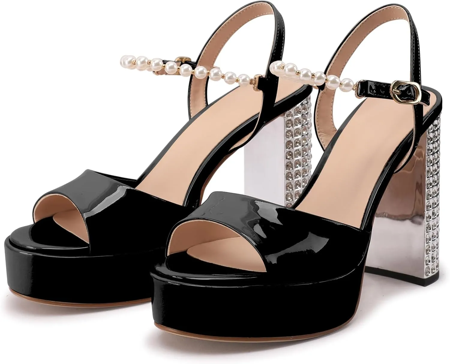 JANSEVEN Rhinestone Sandals Women Crystal Heels Platform Chunky Heel Ankle Strap Sparkling Sandals Peep Toe Sexy Dress Bridal Wedding Party Shoes