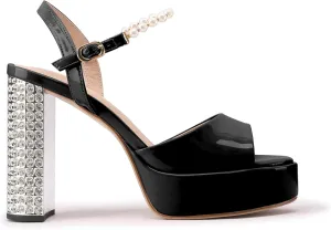 JANSEVEN Rhinestone Sandals Women Crystal Heels Platform Chunky Heel Ankle Strap Sparkling Sandals Peep Toe Sexy Dress Bridal Wedding Party Shoes