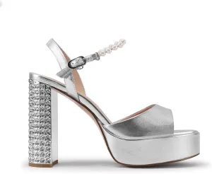 JANSEVEN Rhinestone Sandals Women Crystal Heels Platform Chunky Heel Ankle Strap Sparkling Sandals Peep Toe Sexy Dress Bridal Wedding Party Shoes