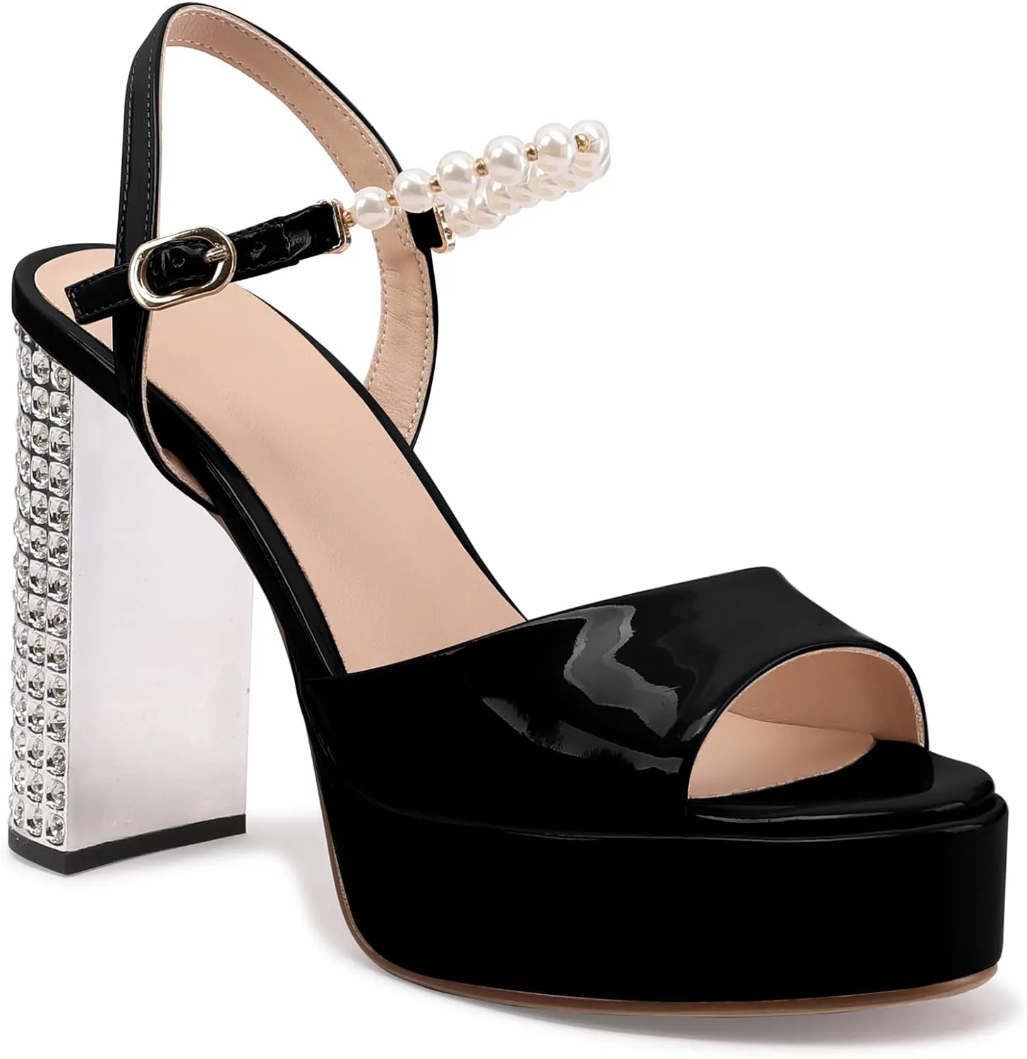 JANSEVEN Rhinestone Sandals Women Crystal Heels Platform Chunky Heel Ankle Strap Sparkling Sandals Peep Toe Sexy Dress Bridal Wedding Party Shoes