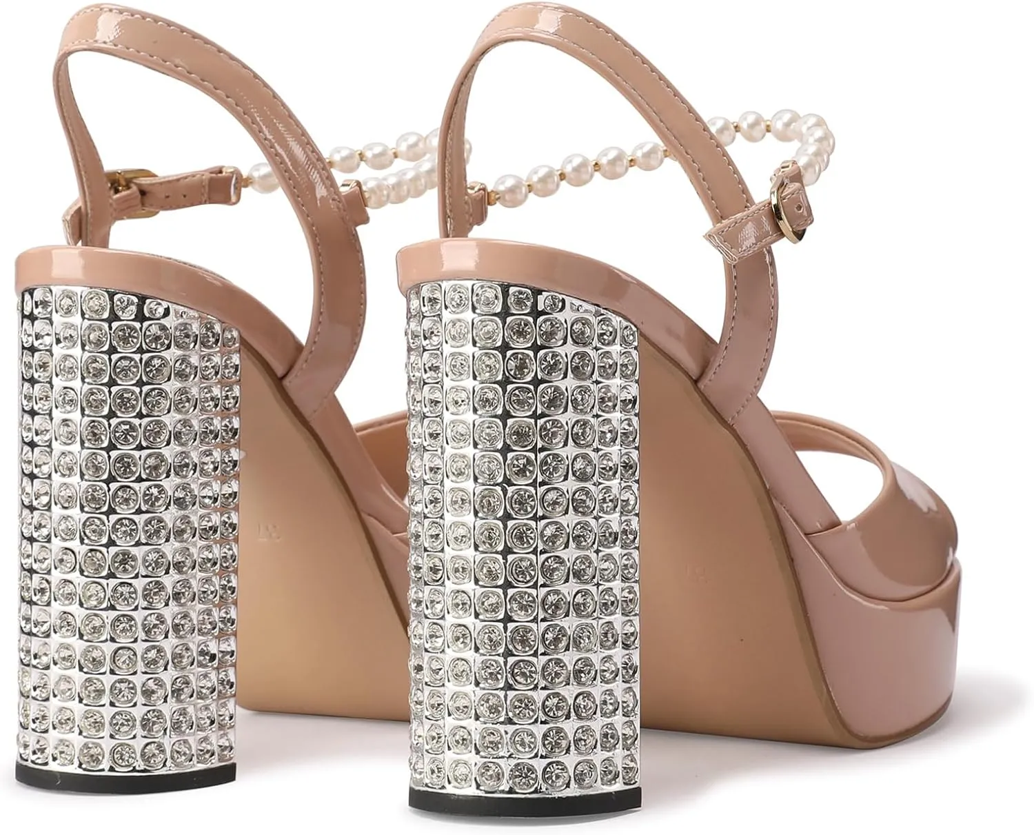 JANSEVEN Rhinestone Sandals Women Crystal Heels Platform Chunky Heel Ankle Strap Sparkling Sandals Peep Toe Sexy Dress Bridal Wedding Party Shoes