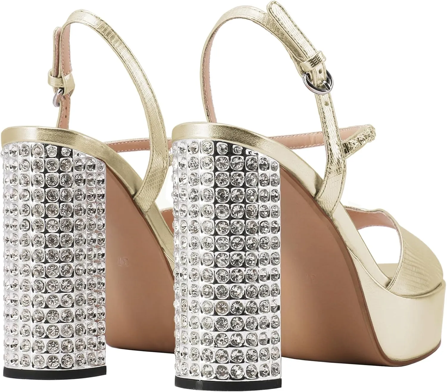 JANSEVEN Rhinestone Sandals Women Crystal Heels Platform Chunky Heel Ankle Strap Sparkling Sandals Peep Toe Sexy Dress Bridal Wedding Party Shoes