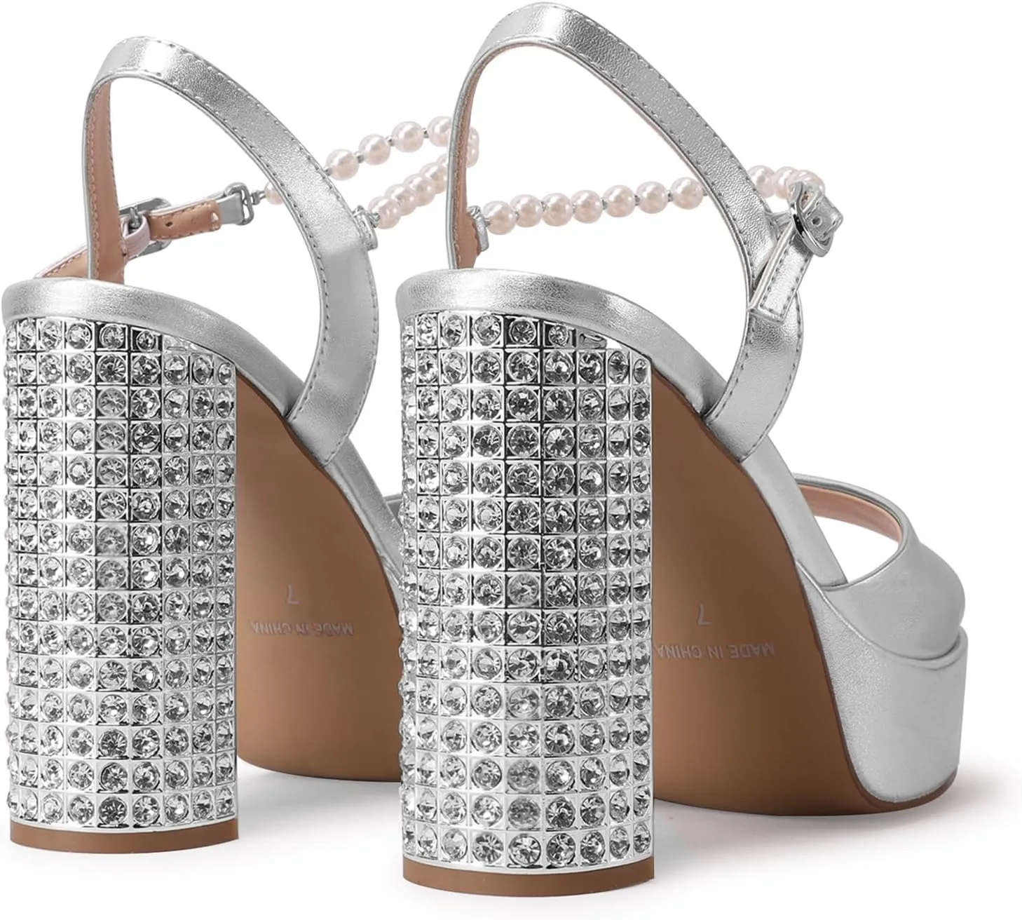 JANSEVEN Rhinestone Sandals Women Crystal Heels Platform Chunky Heel Ankle Strap Sparkling Sandals Peep Toe Sexy Dress Bridal Wedding Party Shoes