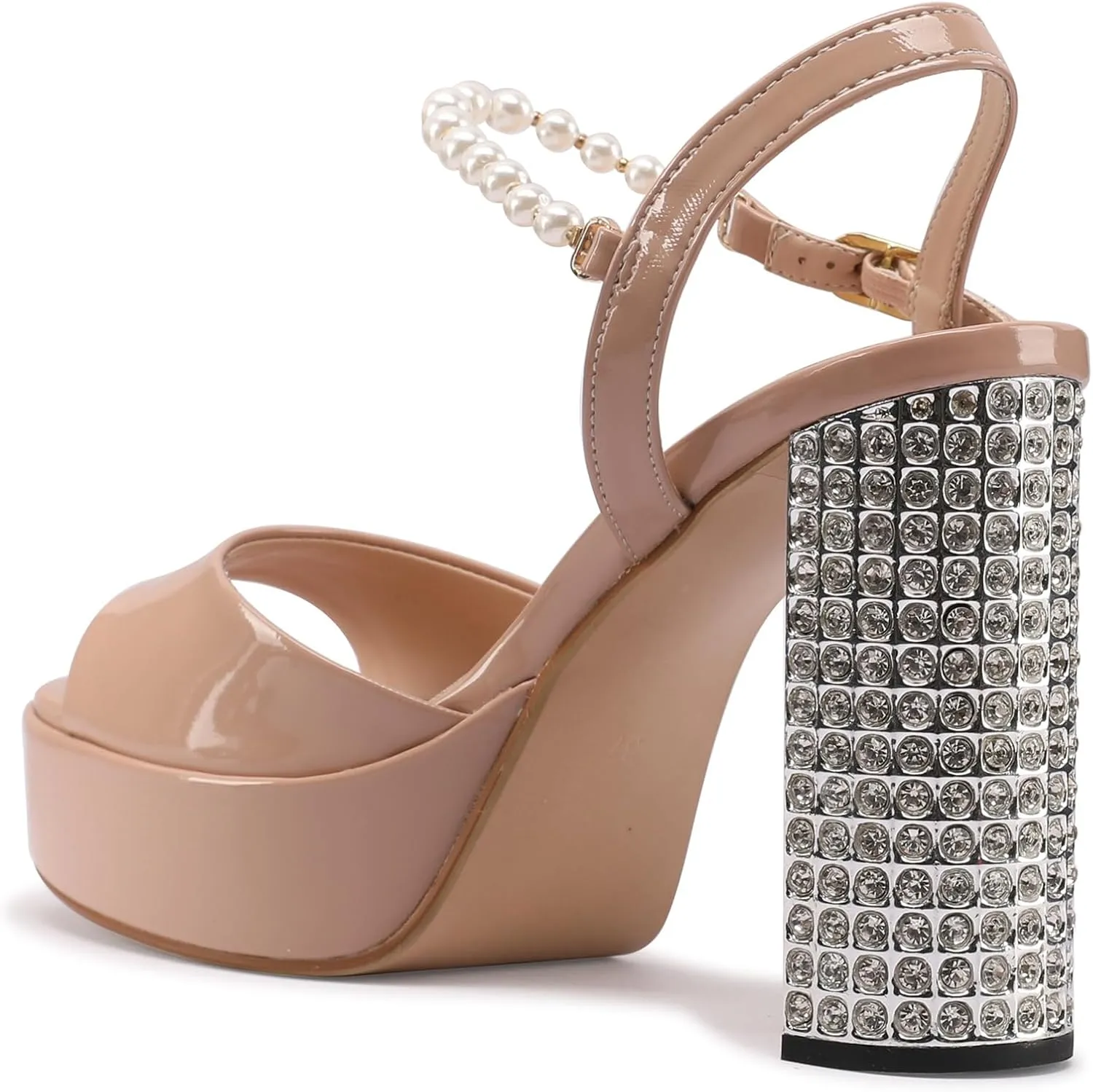 JANSEVEN Rhinestone Sandals Women Crystal Heels Platform Chunky Heel Ankle Strap Sparkling Sandals Peep Toe Sexy Dress Bridal Wedding Party Shoes