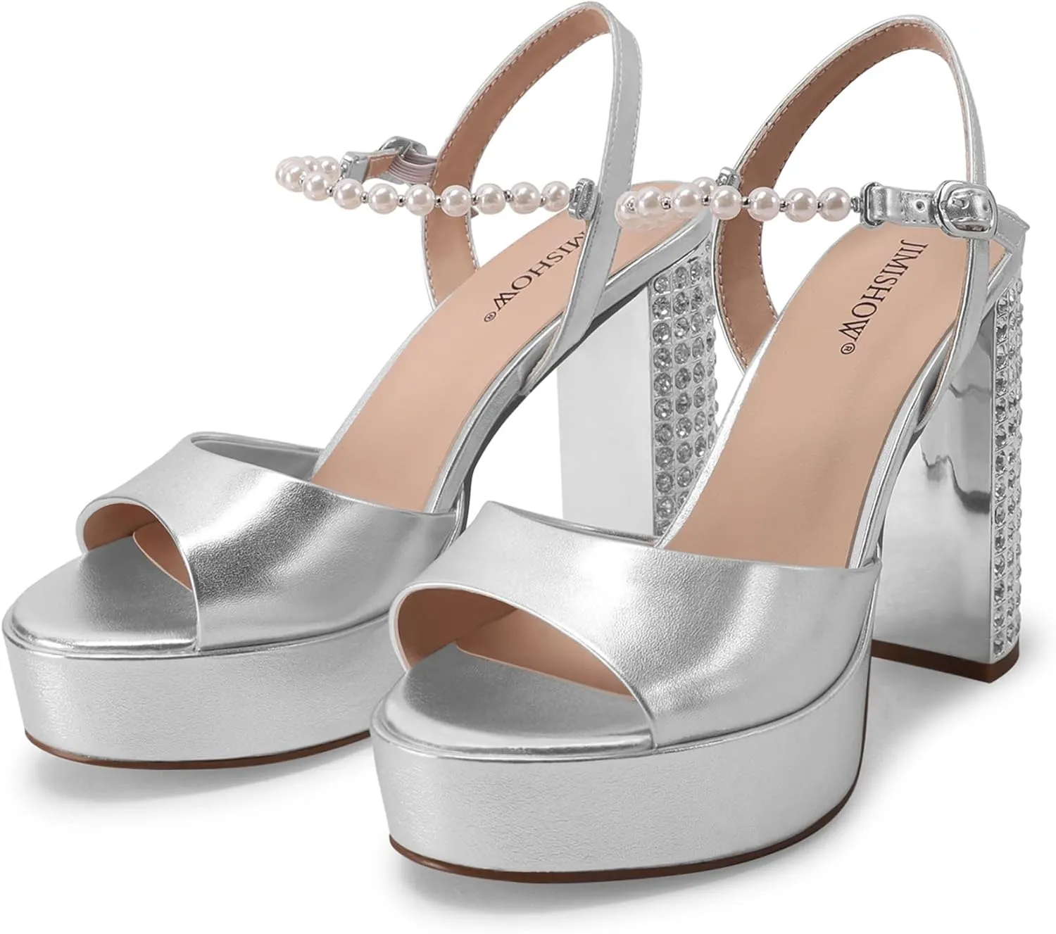 JANSEVEN Rhinestone Sandals Women Crystal Heels Platform Chunky Heel Ankle Strap Sparkling Sandals Peep Toe Sexy Dress Bridal Wedding Party Shoes