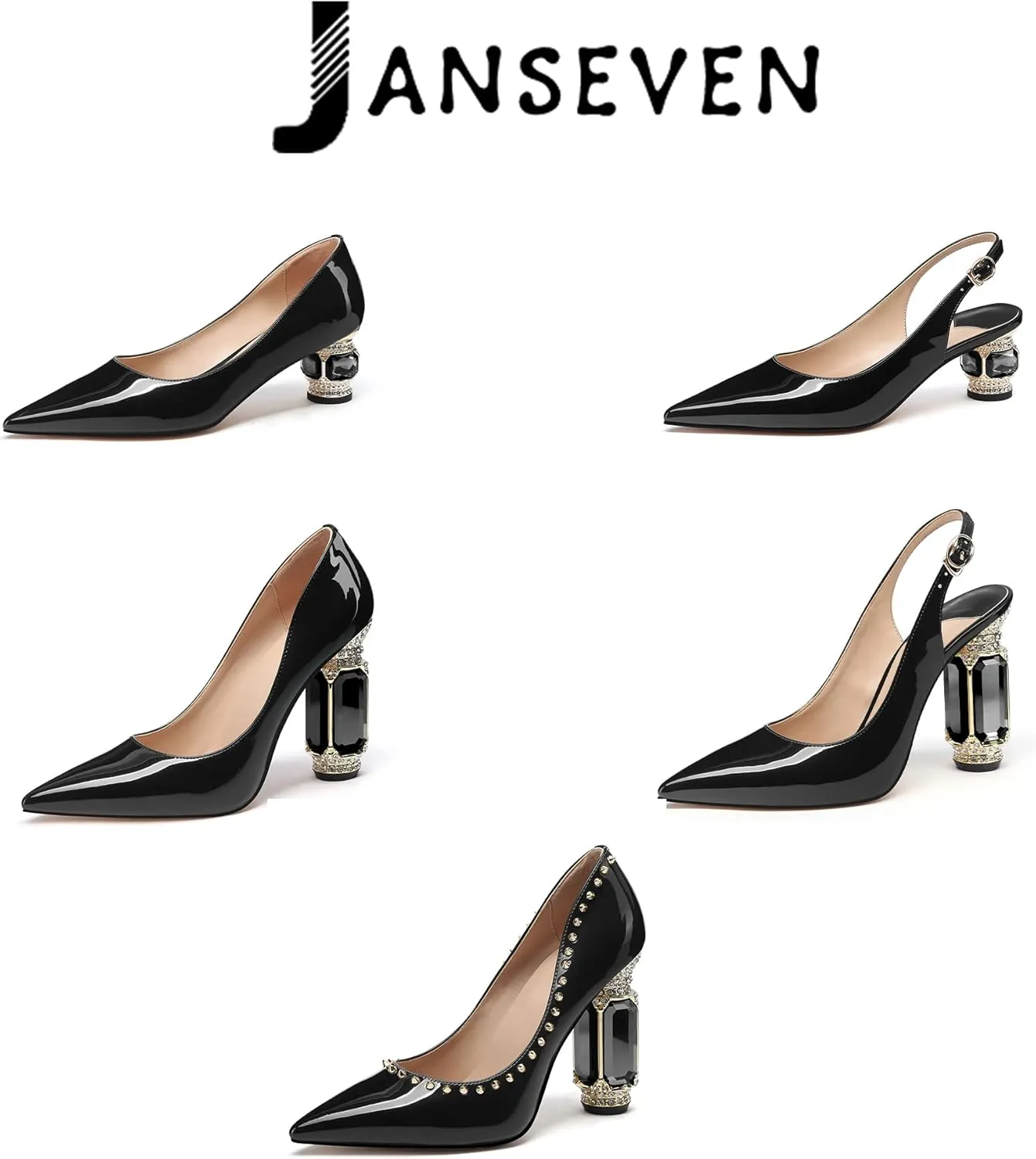 JANSEVEN Women Chunky Heels Pumps Crystal Block Heels with Rhinestones Pointed Toe Sexy Gradient Patent Leather Slip on Bridal Party Wedding Dress Shoes 5-13 M US