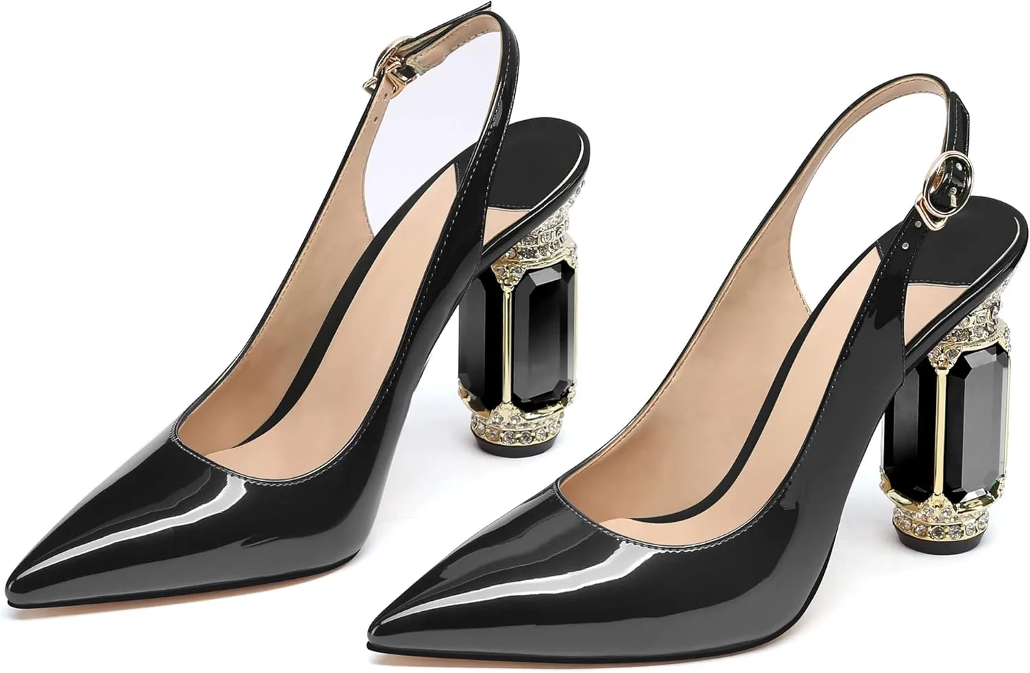 JANSEVEN Women Chunky Heels Pumps Crystal Block Heels with Rhinestones Pointed Toe Sexy Gradient Patent Leather Slip on Bridal Party Wedding Dress Shoes 5-13 M US