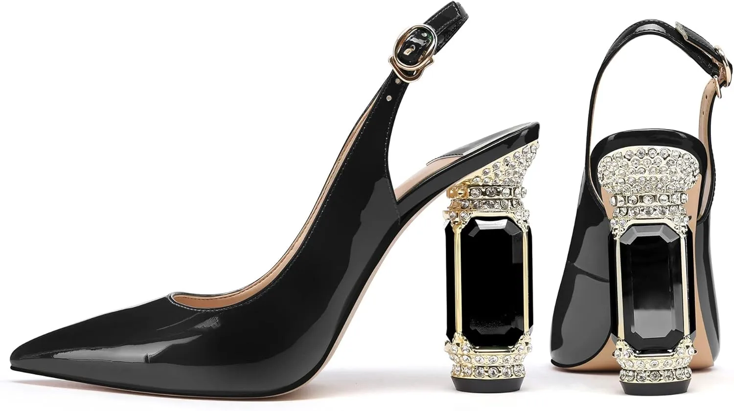 JANSEVEN Women Chunky Heels Pumps Crystal Block Heels with Rhinestones Pointed Toe Sexy Gradient Patent Leather Slip on Bridal Party Wedding Dress Shoes 5-13 M US