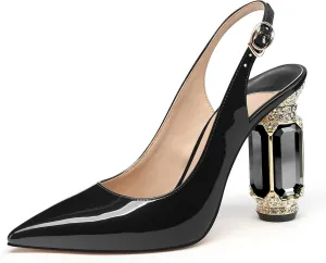 JANSEVEN Women Chunky Heels Pumps Crystal Block Heels with Rhinestones Pointed Toe Sexy Gradient Patent Leather Slip on Bridal Party Wedding Dress Shoes 5-13 M US