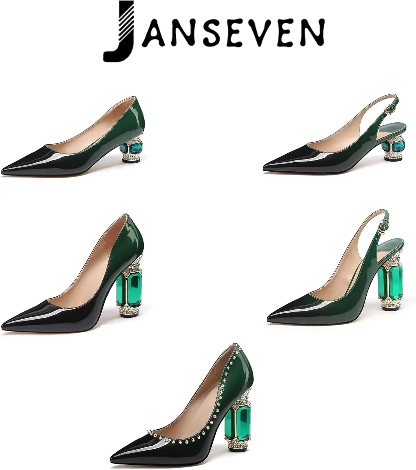 JANSEVEN Women Chunky Heels Pumps Crystal Block Heels with Rhinestones Pointed Toe Sexy Gradient Patent Leather Slip on Bridal Party Wedding Dress Shoes Size 5-13 US