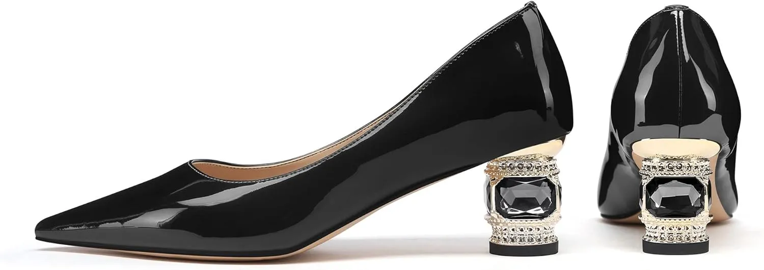 JANSEVEN Women Chunky Heels Pumps Crystal Block Heels with Rhinestones Pointed Toe Sexy Gradient Patent Leather Slip on Bridal Party Wedding Dress Shoes Size 5-13 US