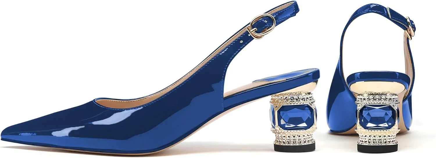 JANSEVEN Women Chunky Heels Pumps Crystal Block Heels with Rhinestones Pointed Toe Sexy Gradient Patent Leather Slip on Bridal Party Wedding Dress Shoes Size 5-13 US