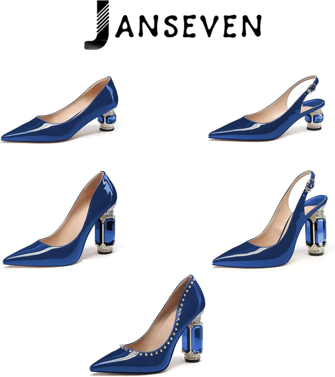 JANSEVEN Women Chunky Heels Pumps Crystal Block Heels with Rhinestones Pointed Toe Sexy Gradient Patent Leather Slip on Bridal Party Wedding Dress Shoes Size 5-13 US