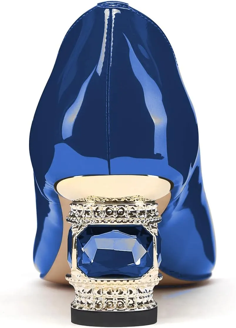 JANSEVEN Women Chunky Heels Pumps Crystal Block Heels with Rhinestones Pointed Toe Sexy Gradient Patent Leather Slip on Bridal Party Wedding Dress Shoes Size 5-13 US