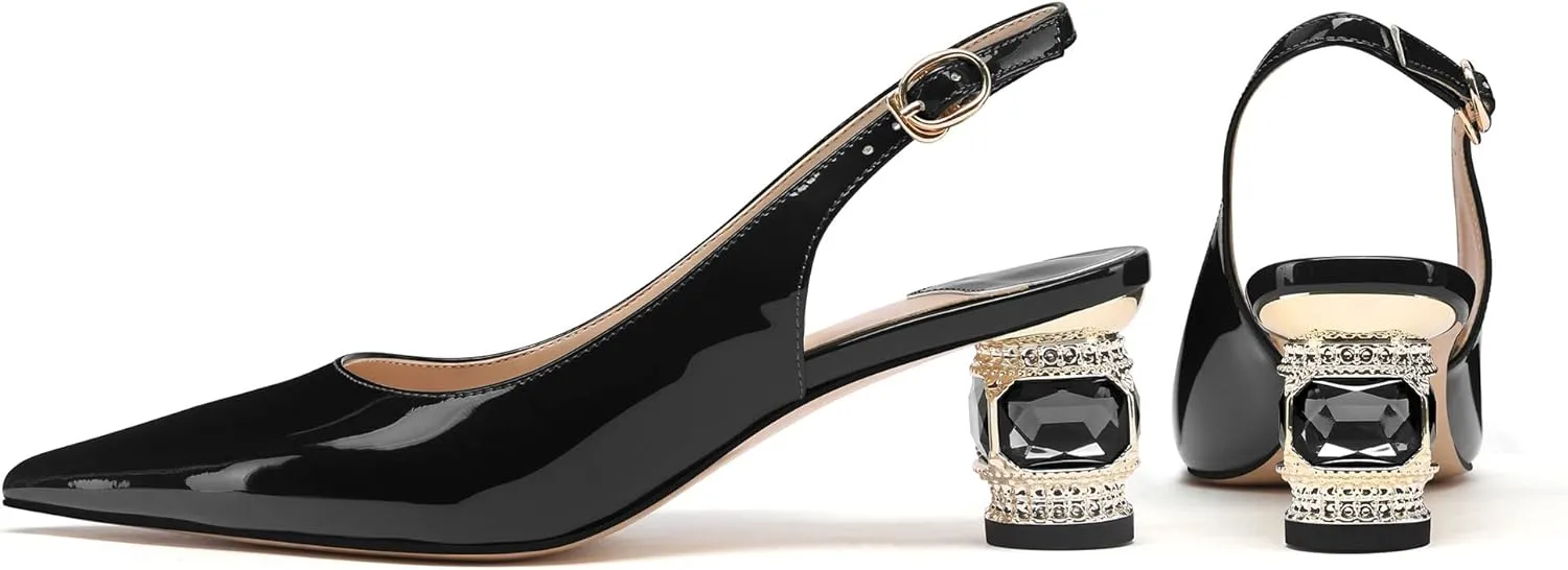 JANSEVEN Women Chunky Heels Pumps Crystal Block Heels with Rhinestones Pointed Toe Sexy Gradient Patent Leather Slip on Bridal Party Wedding Dress Shoes Size 5-13 US