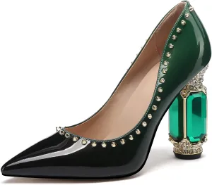 JANSEVEN Women Chunky Heels Pumps Crystal Block Heels with Rhinestones Rivet Pointed Toe Sexy Gradient Patent Leather Slip on Bridal Party Wedding Dress Shoes 5-13 M US