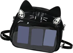 Japanese Anime Cats Itabag PU Backpack for Women and Teen Girls Pin Display Clear Crossbody Bag with Adjustable Straps, Black, 26x13x22cm