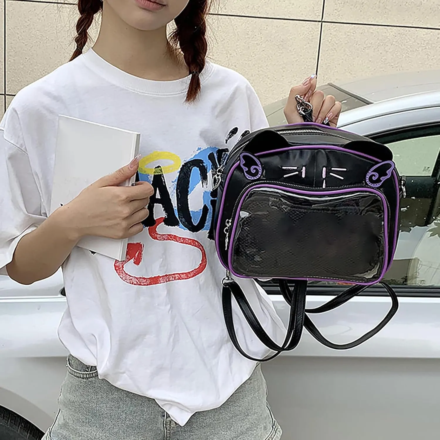 Japanese Anime Cats Itabag PU Backpack for Women and Teen Girls Pin Display Clear Crossbody Bag with Adjustable Straps, Black, 26x13x22cm
